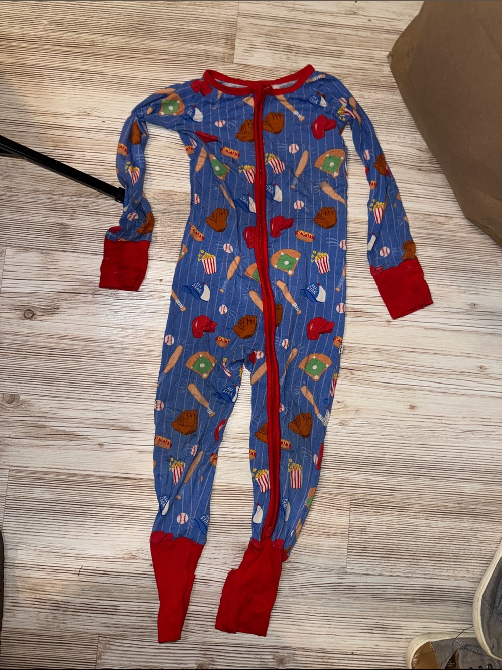 Little Sleepies Blue Footed Baseball-Print One-Piece Pajamas with Red Trim